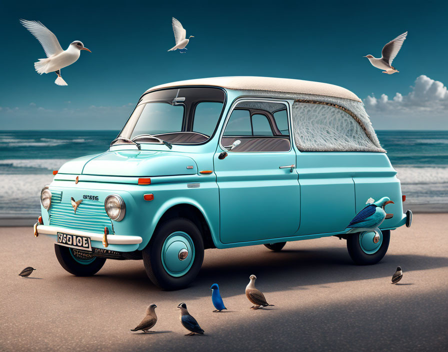 Vintage Turquoise and White Van on Sandy Beach with Seagulls