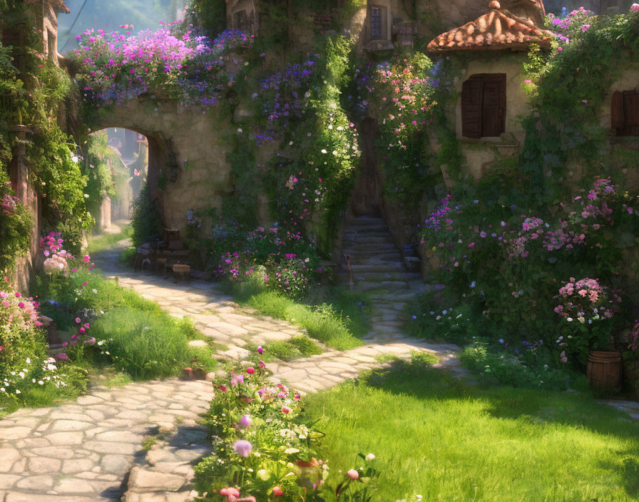 Tranquil cobblestone pathway with colorful flowers and lush greenery