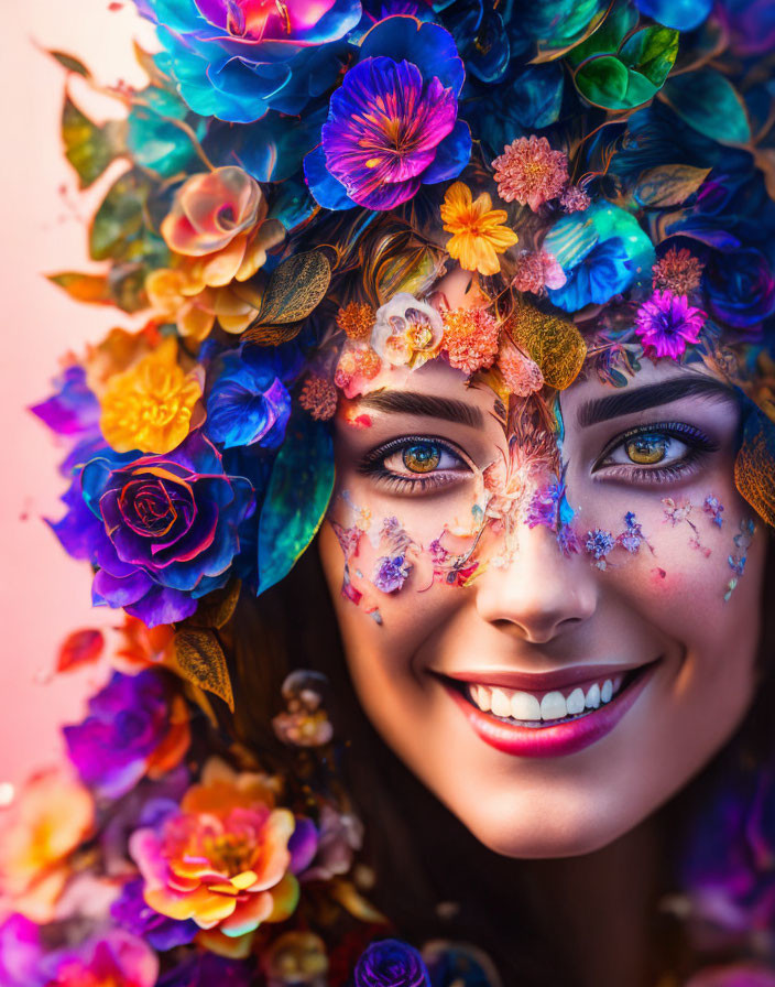 Woman wearing floral headpiece smiles on pink background