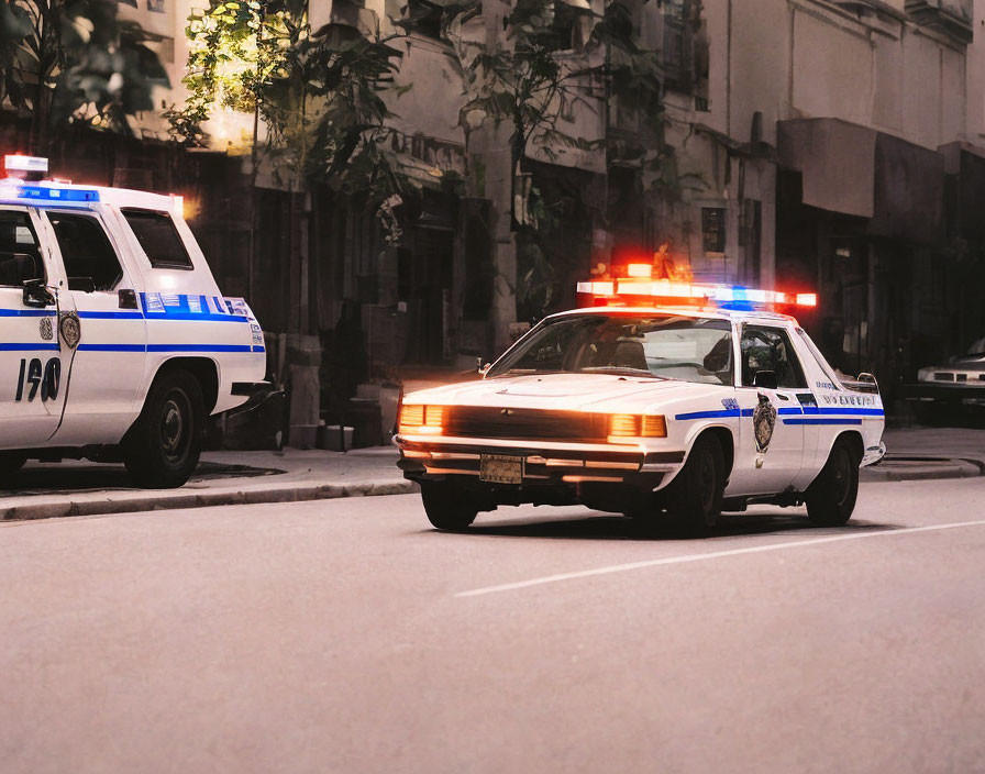 Vintage police cars with flashing lights on urban street.