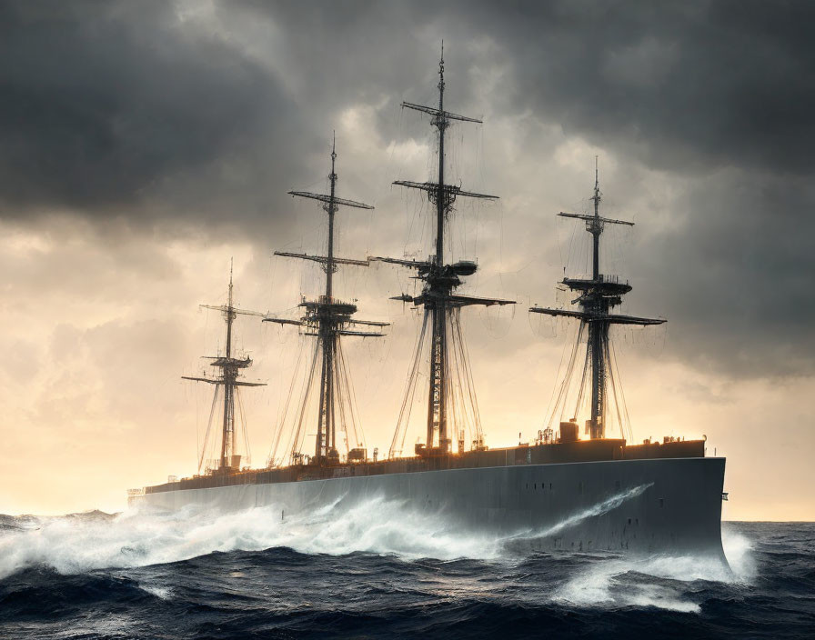 Vintage tall ship with multiple masts in rough sea under dramatic sky.