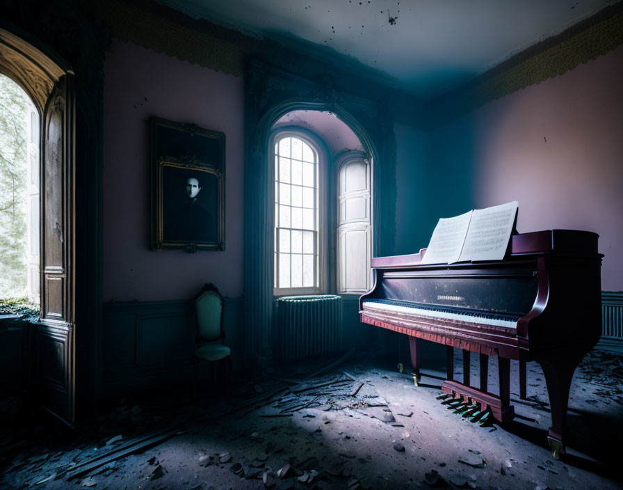 Abandoned room with dusty grand piano, sheet music, peeling pink walls, large window, and