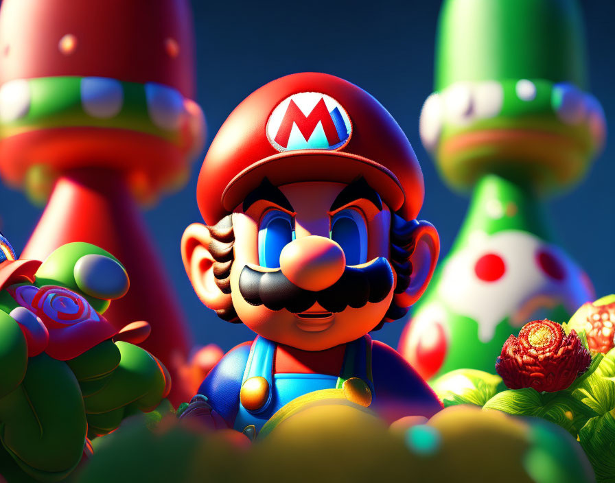 Iconic character with large mustache in red hat and blue overalls among colorful mushrooms.