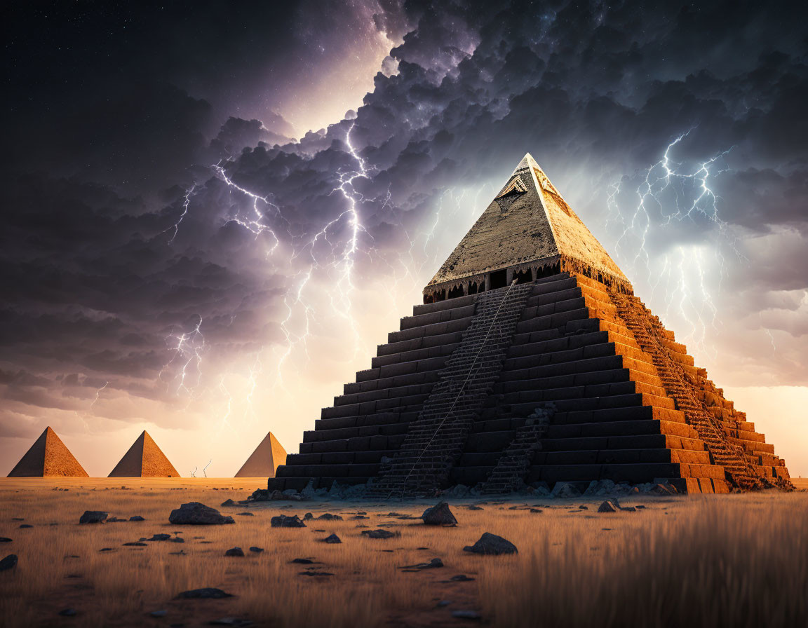 Egyptian Pyramids in Stormy Sky with Lightning Strikes