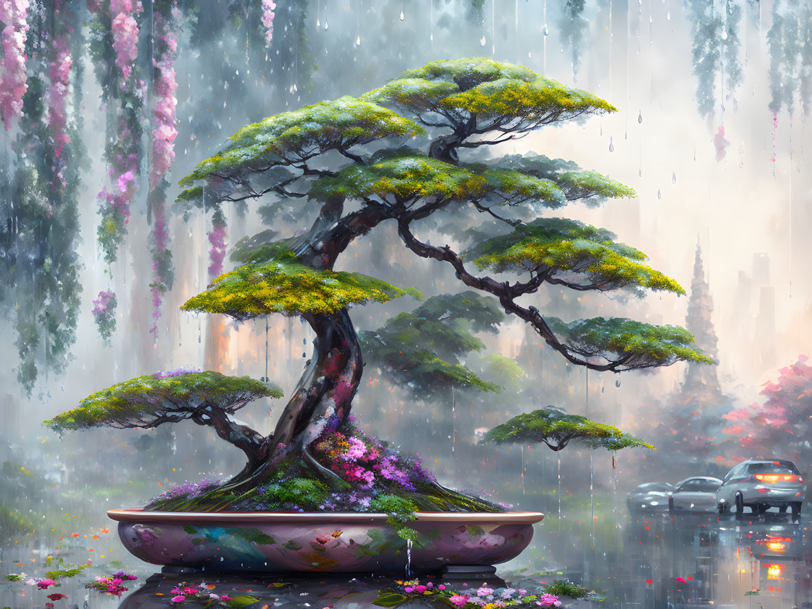 Twisted trunk bonsai tree in pot on rain-drenched floral landscape