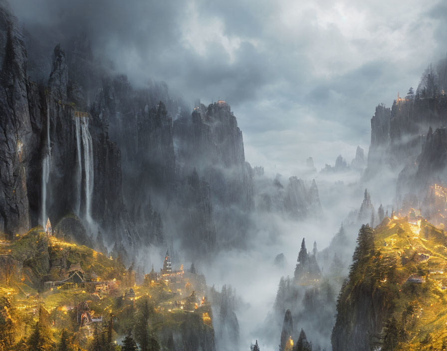 Mystical mountain landscape with towering cliffs and cascading waterfalls at twilight