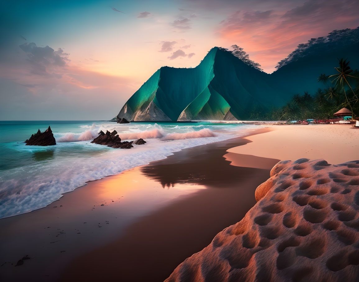 Tropical beach sunset with cliffs, waves, reflections, and colorful sky