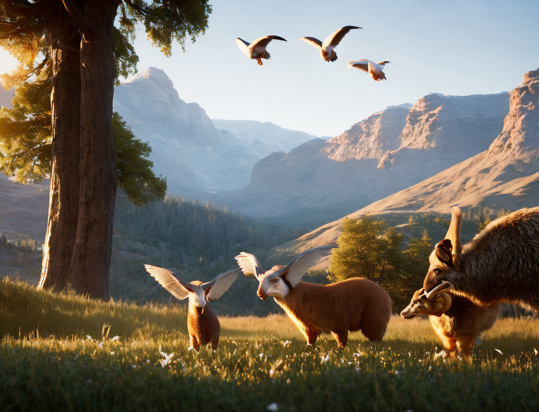 Animated animals in serene landscape with flying geese, tree, and mountains at golden hour