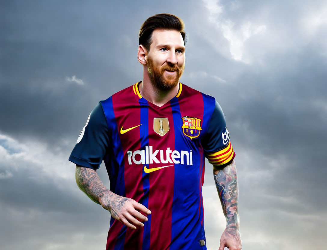 Bearded man in striped soccer jersey against dramatic sky