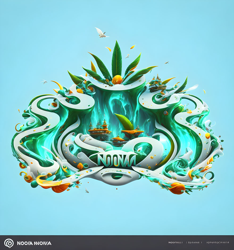 Symmetrical surreal digital artwork with green elements, waterfalls, ships, and "NOOJA NO