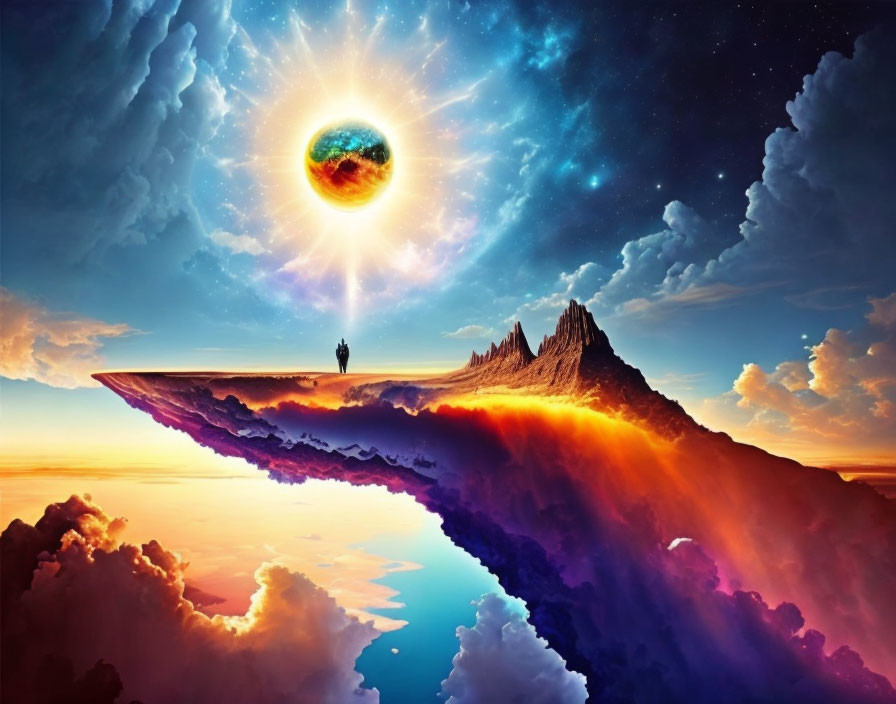 Surreal landscape with person on floating landmass under vibrant sky