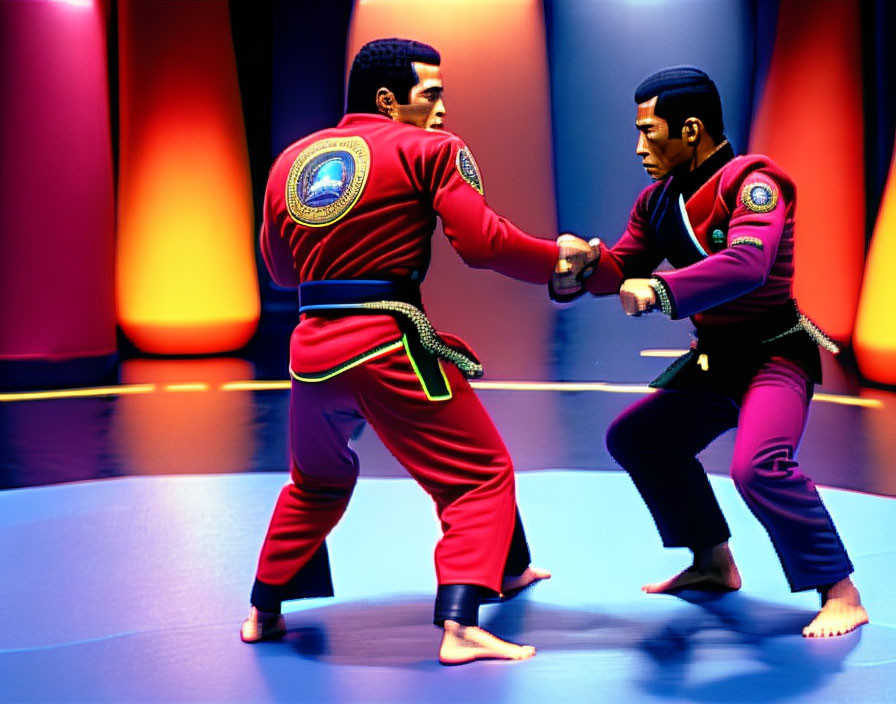 Traditional red and purple gi martial artists practicing hand-to-hand combat in colorful studio