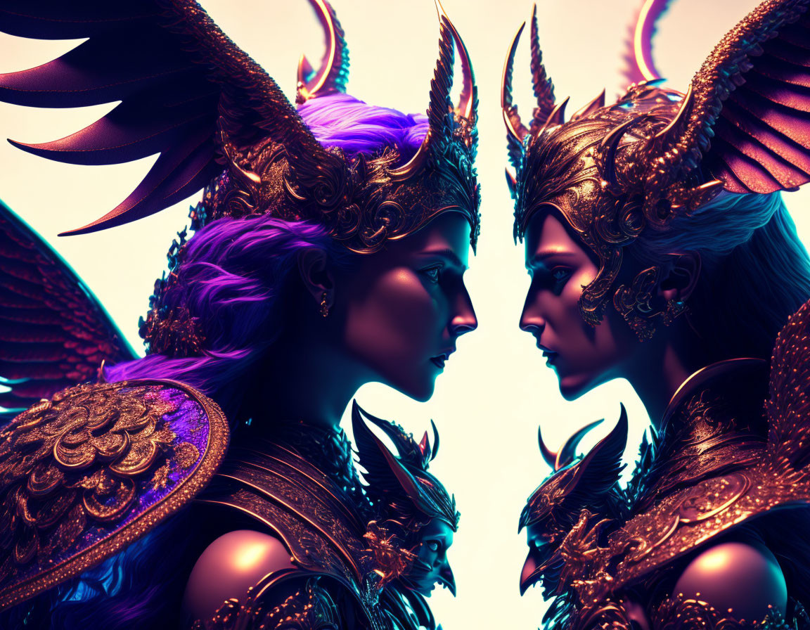 Fantasy characters in elaborate armor with wings, set in vibrant purple and blue hues