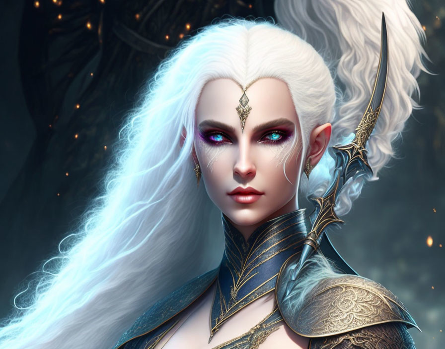 Fantasy female character digital art: white hair, violet eyes, golden headpiece, ornate armor