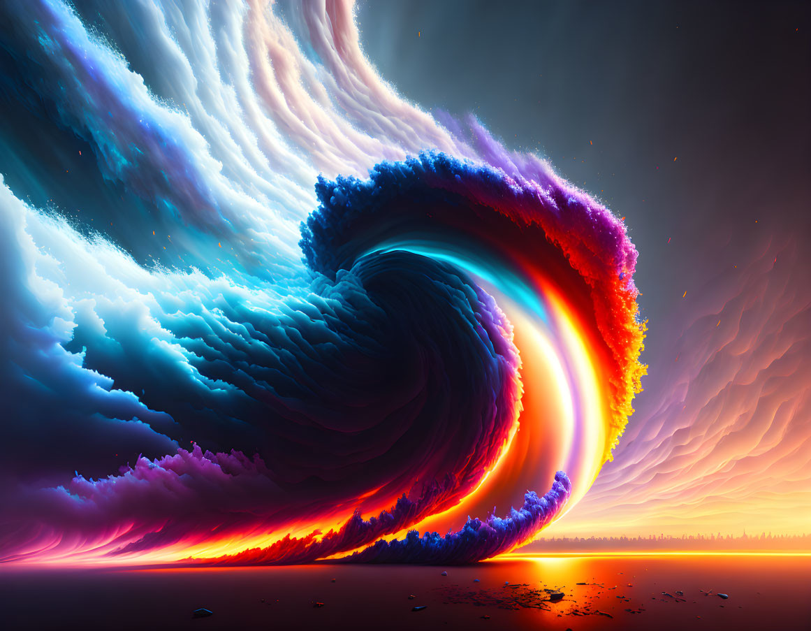 Colossal wave with rainbow gradient against dramatic sunset sky