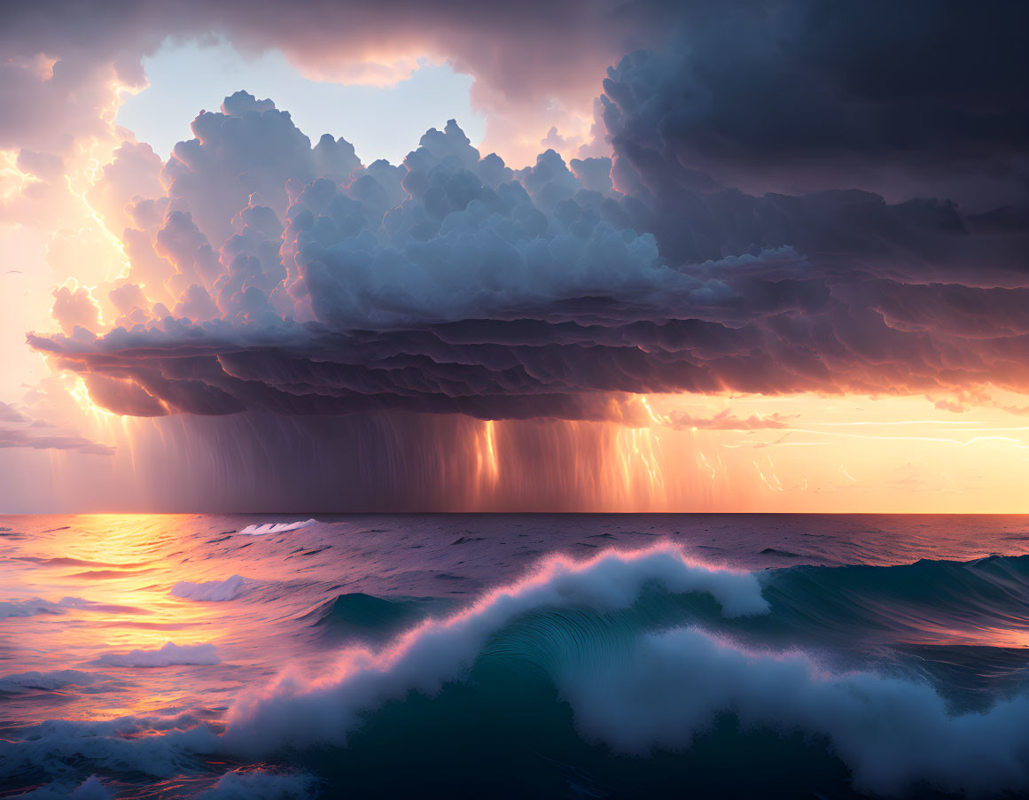 Dramatic seascape with towering cumulonimbus cloud in powerful thunderstorm