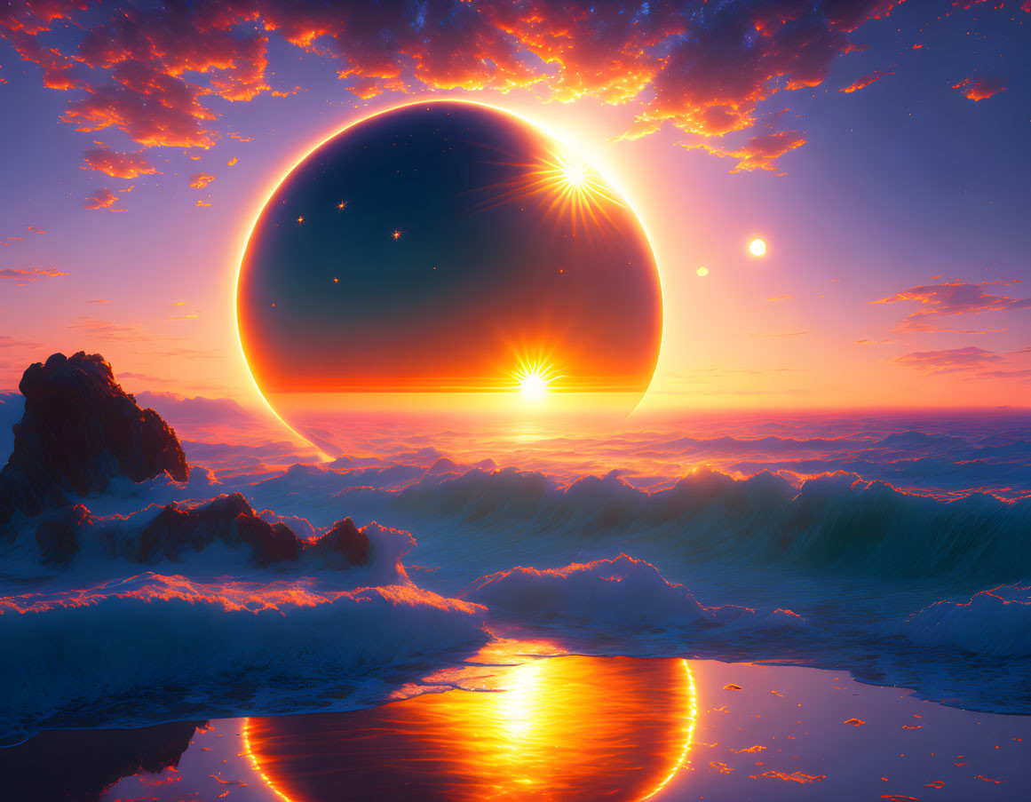 Ocean sunset with surreal sphere reflecting light on water