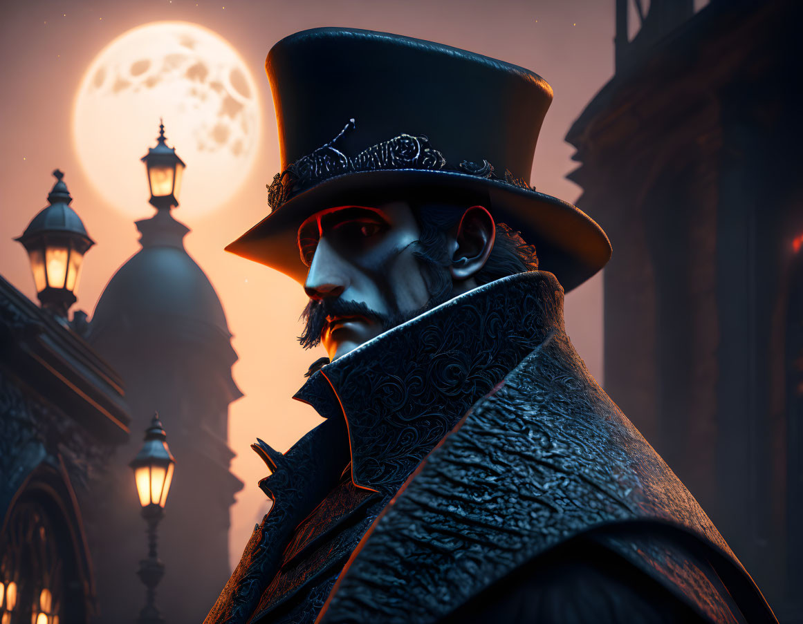 Victorian figure in top hat and cape under full moon by glowing street lamps