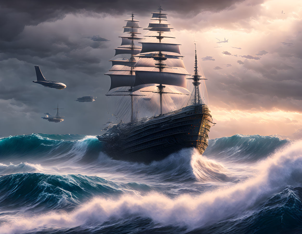 Historic sailing ship navigating stormy seas with modern aircraft above