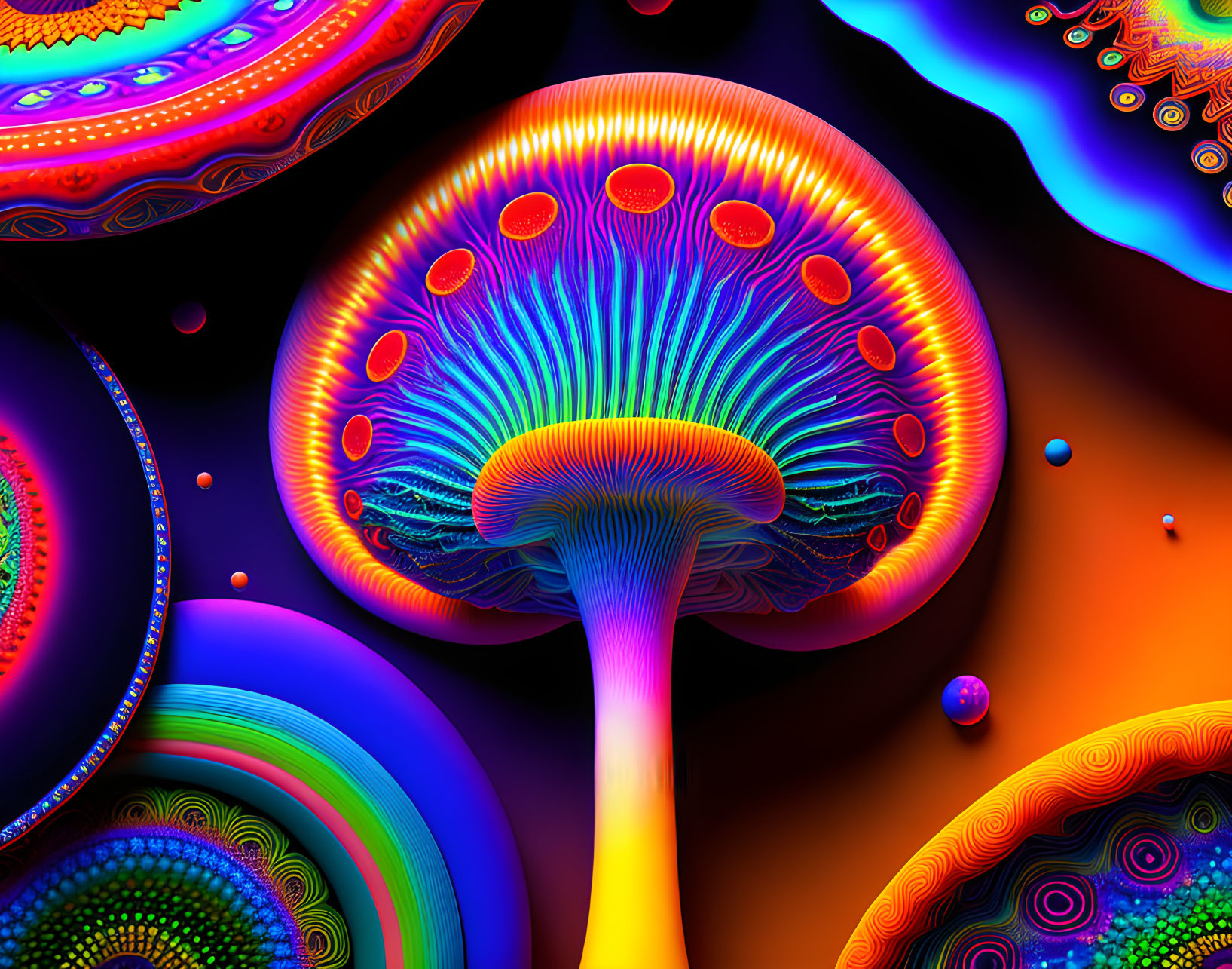 Colorful neon-lit psychedelic mushroom in digital art.