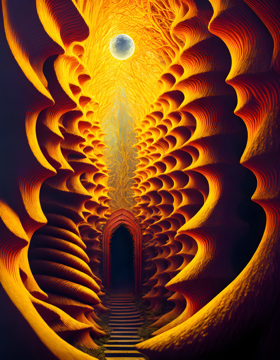 Colorful Fractal Artwork with Doorway, Fiery Patterns, and Celestial Body