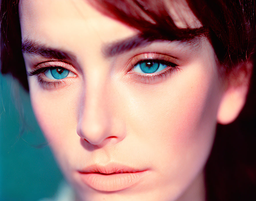 Close-up portrait of person with striking blue eyes and porcelain skin