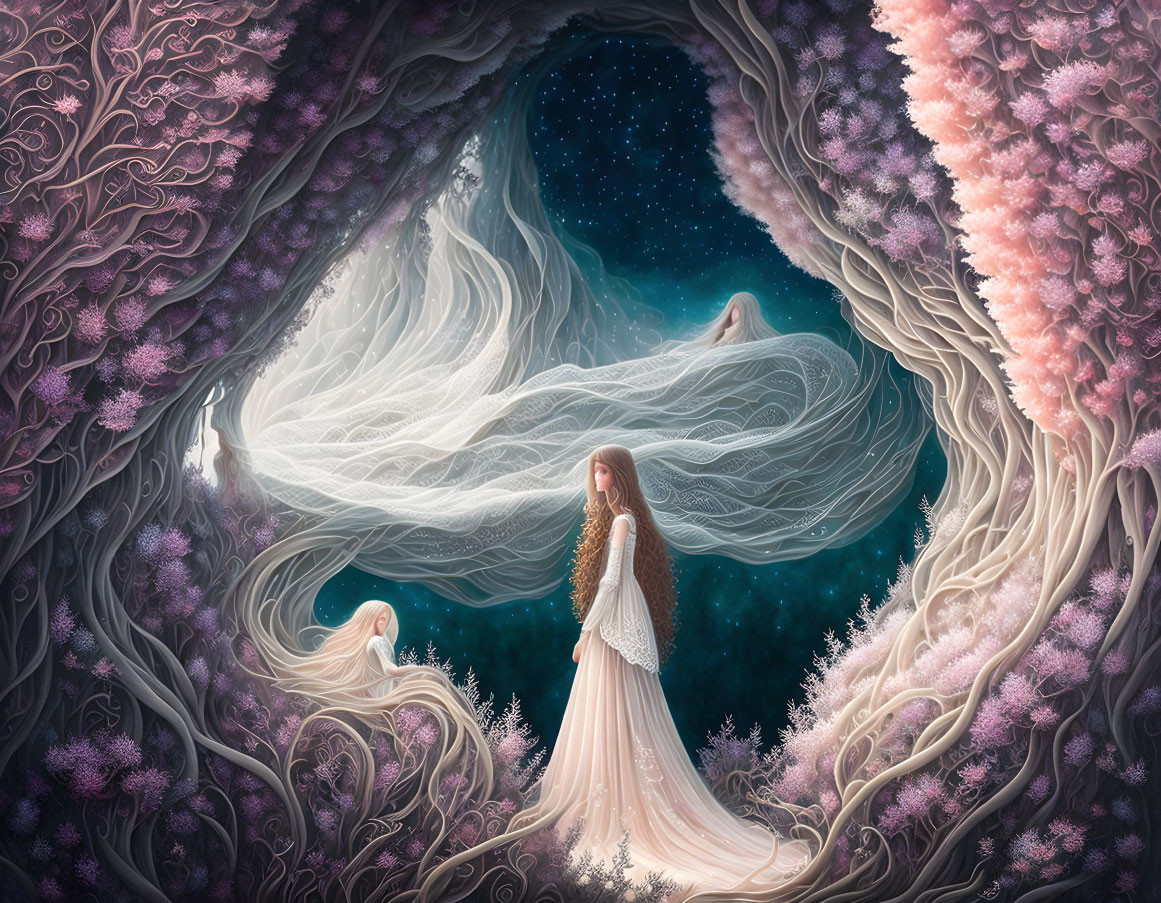 Woman in white dress in mystical forest with flowing hair and glowing stars