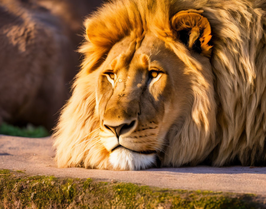 Majestic lion resting with serene expression in sunlight