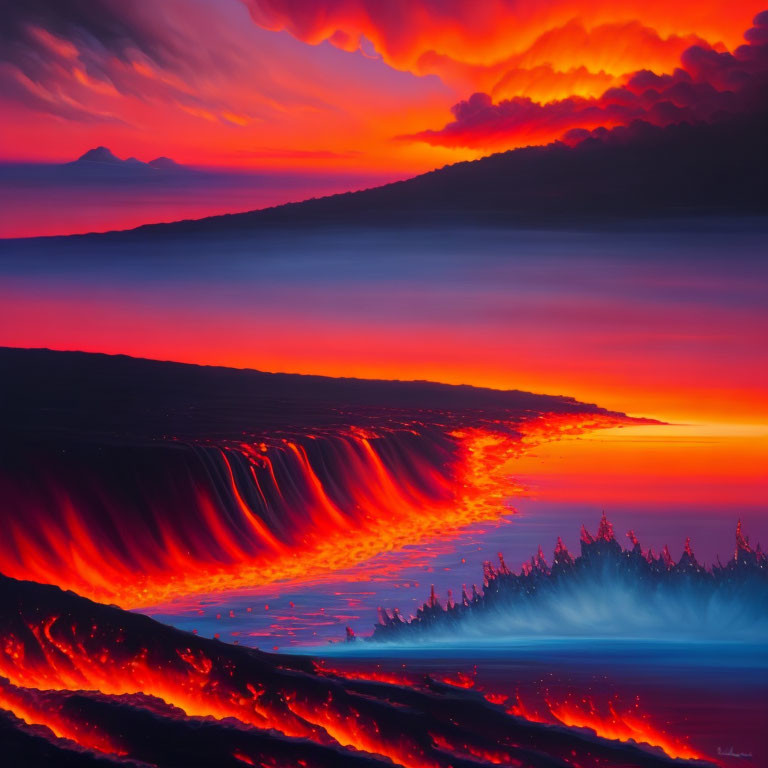 Vibrant lava flow meeting ocean at fiery sunset