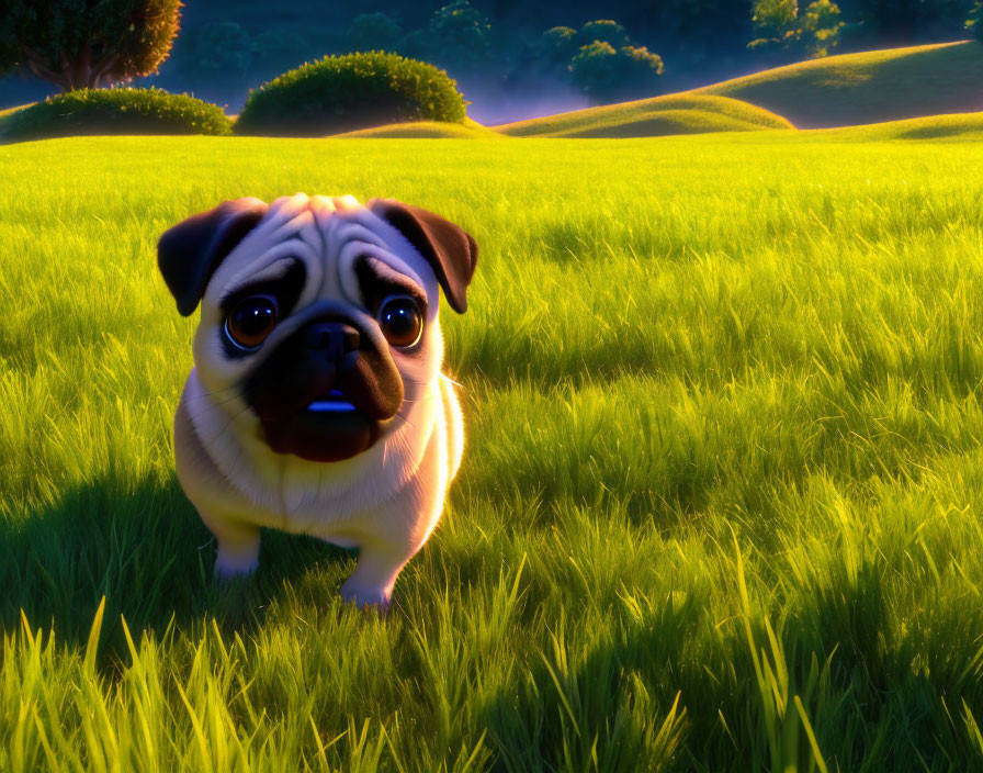 Adorable animated pug on grassy hills at sunset