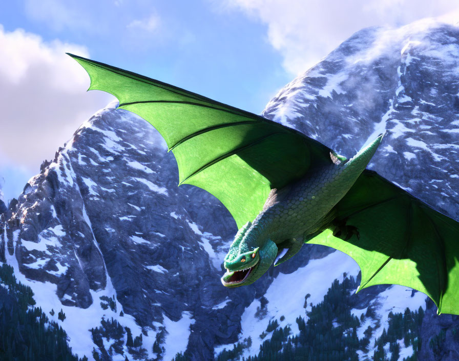 Green dragon flying over snowy mountains under cloudy sky