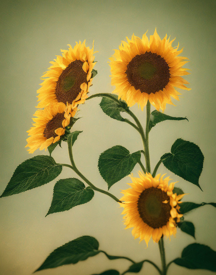 Vibrant yellow sunflowers on single stem with green leaves against muted background