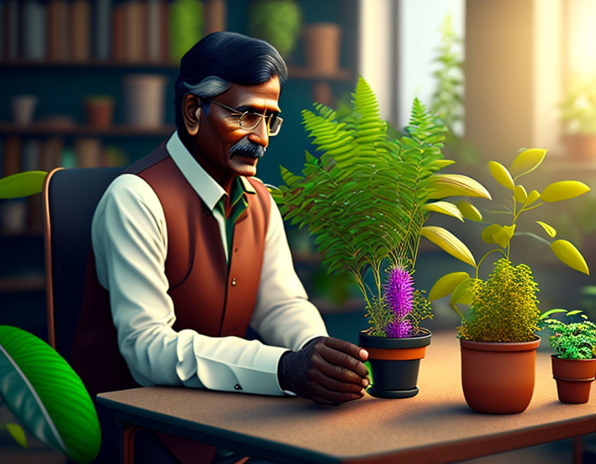 Man with glasses and mustache tending to houseplants on table