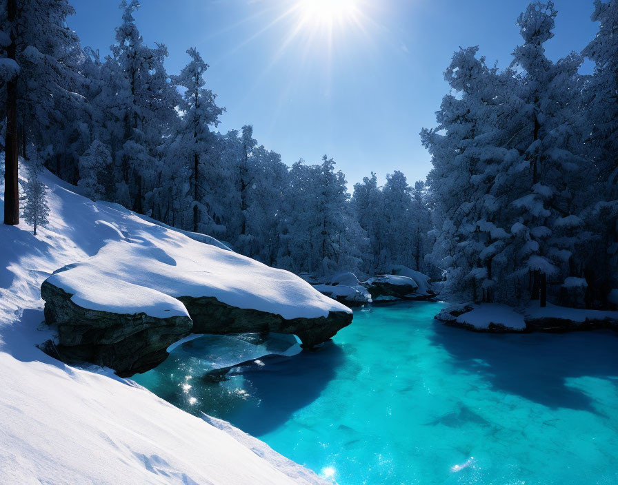 Snow-covered trees in serene winter landscape with frozen river and turquoise water.