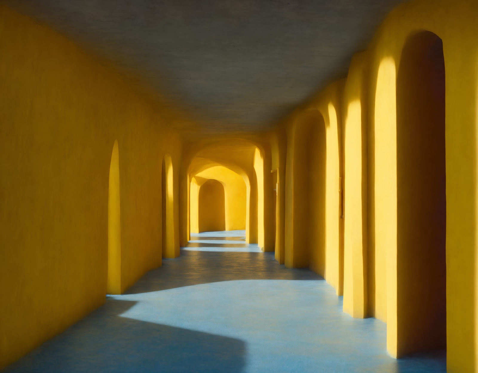 Golden Yellow Sunlit Corridor with Arched Shadows