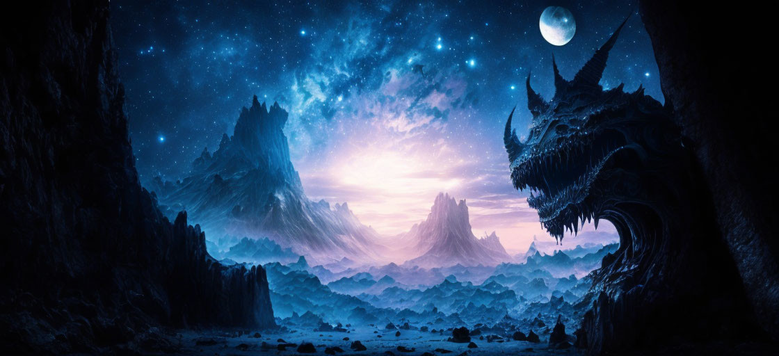 Mystical landscape with starry night sky, mountains, horizon, and dragon-like rock formation