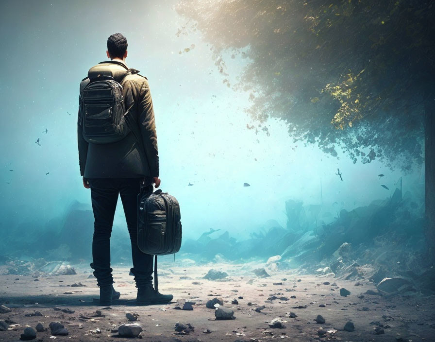 Backpacker in surreal forest scene with floating pathway