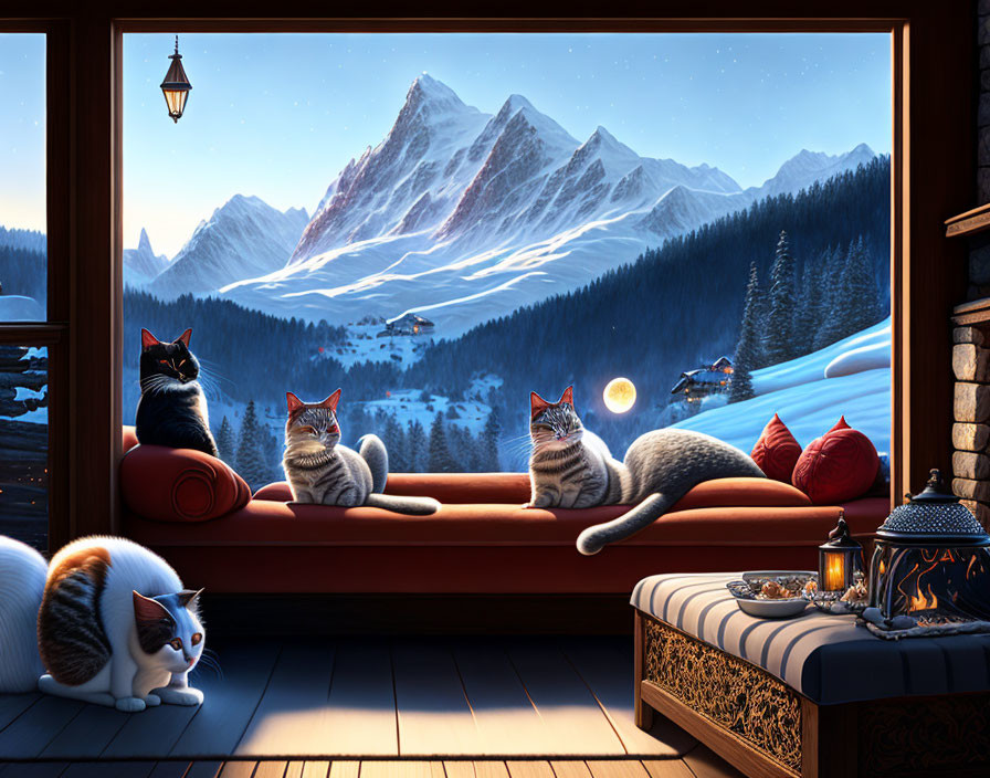 Four Cats on Cozy Wooden Porch with Snowy Mountain View