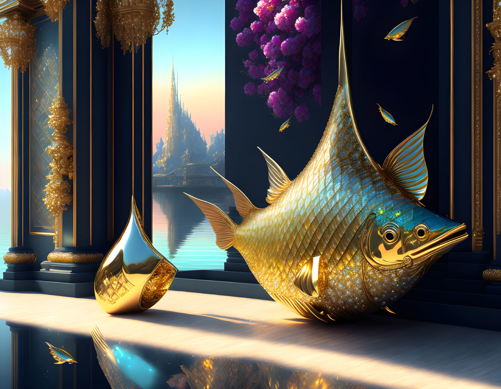 Ornate fish in luxurious hall with ethereal view