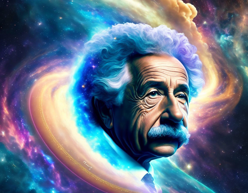 Colorful cosmic-themed portrait of contemplative man with white hair and mustache