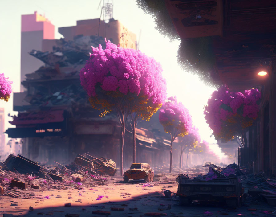 Vibrant purple trees in post-apocalyptic street scene