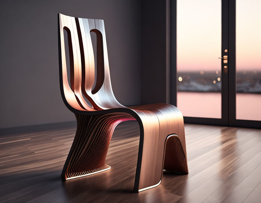 Curvaceous glossy chair by window in modern cityscape setting