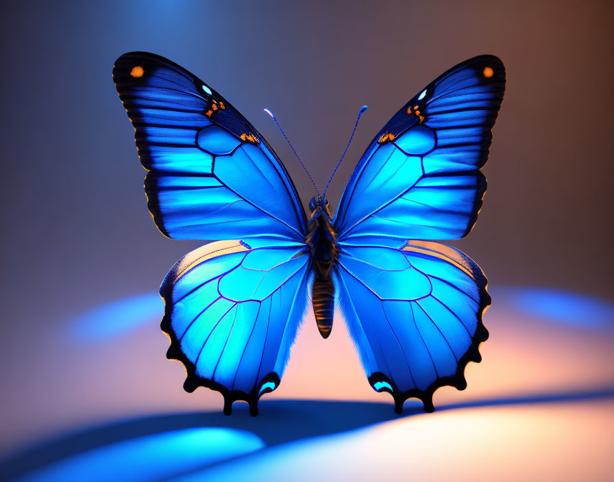 Colorful Blue Butterfly on Orange and Blue Gradient Background