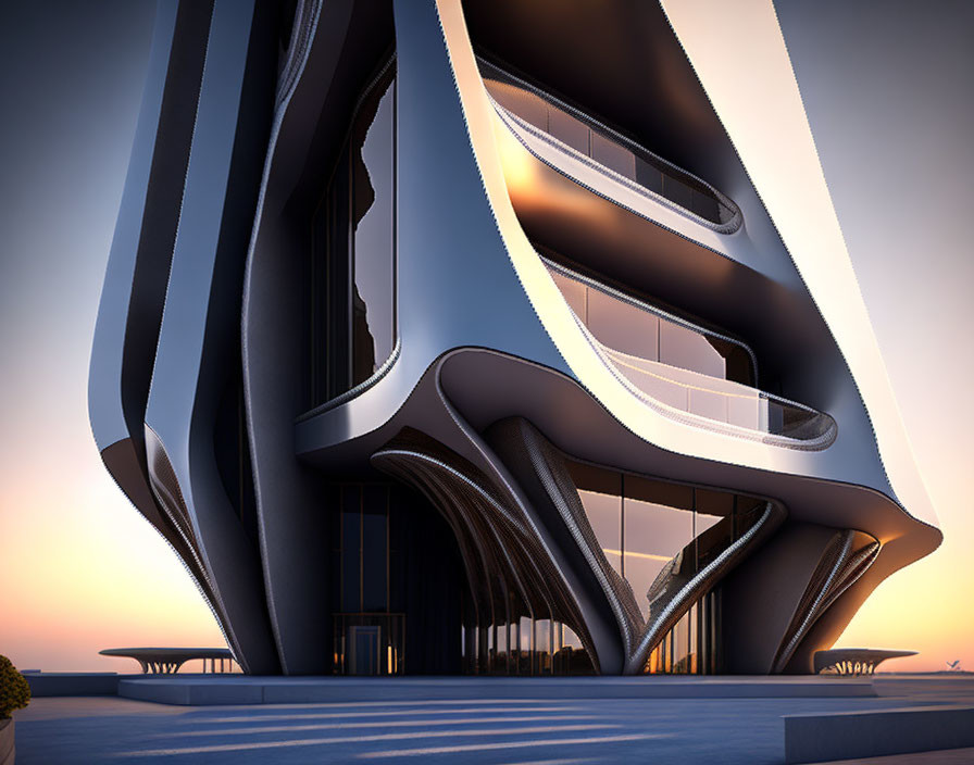 Curvilinear building with flowing balconies and glass windows at dusk