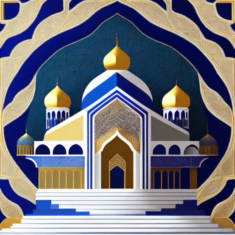 Modern digital artwork: Mosque with golden domes and blue patterns