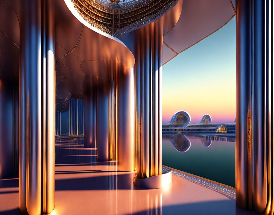 Reflective Futuristic Interior with Golden Hues and Sunset View