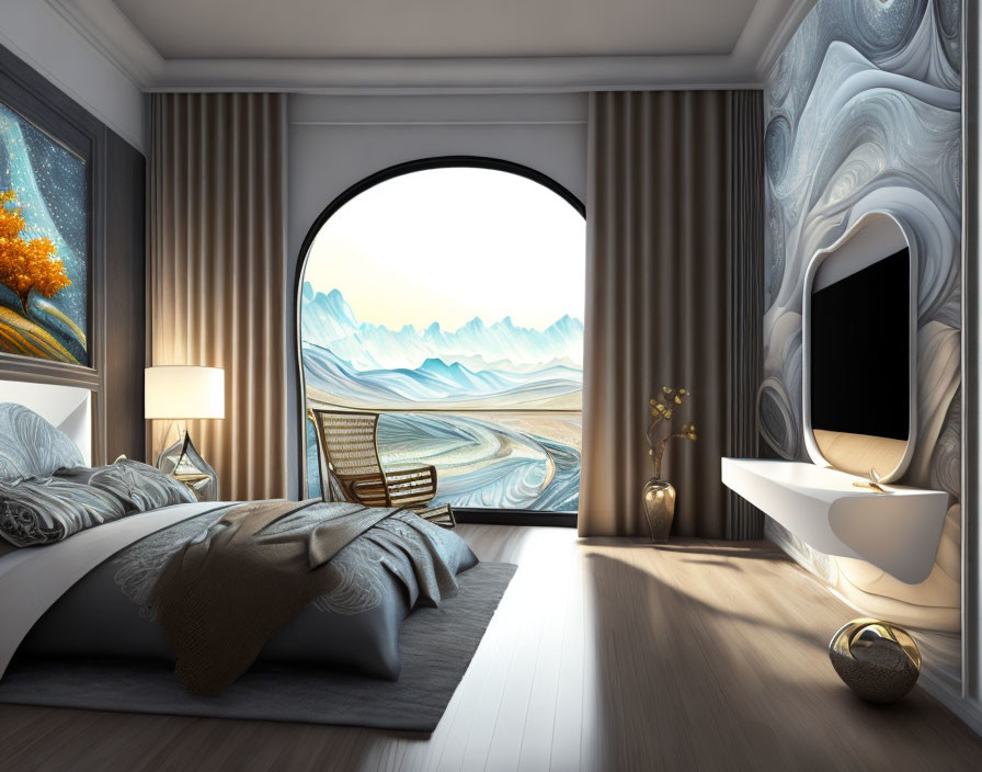 Modern Bedroom with Large Arched Window and Mountain View