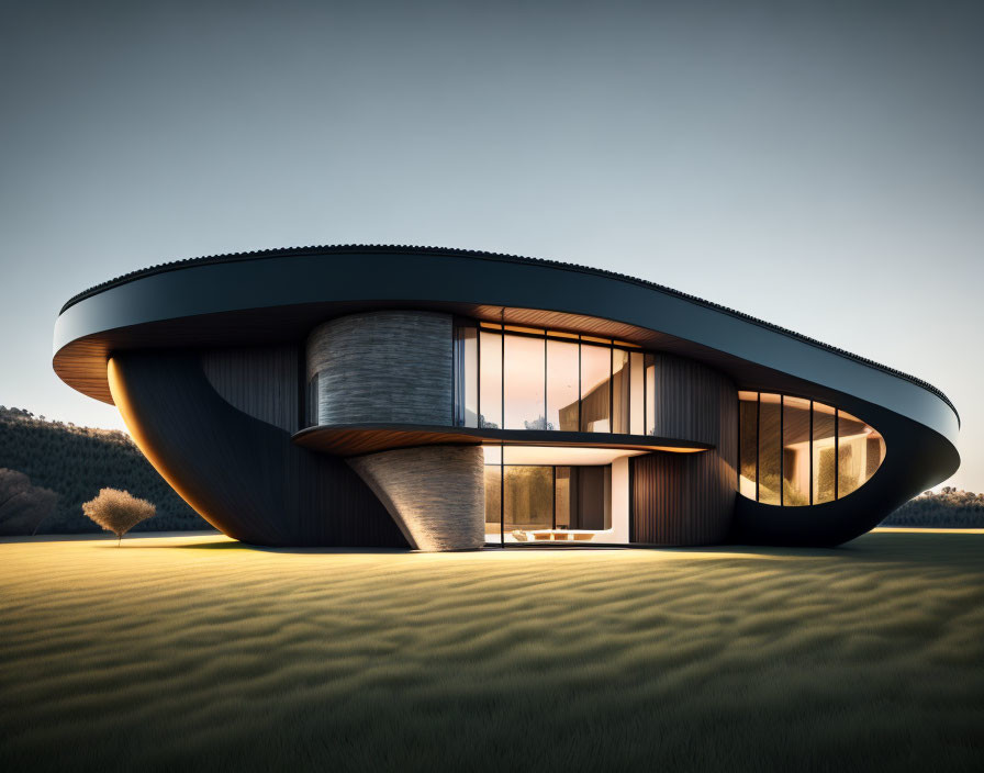 Contemporary Curvilinear House with Large Windows in Open Grassy Landscape at Dusk