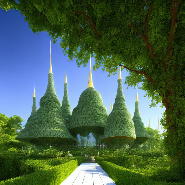 Tranquil Park with Greenery and Topiary Cones under Blue Sky