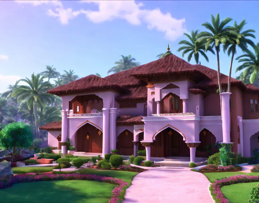 Colorful animated palace with pink walls and thatched roofs in lush greenery.